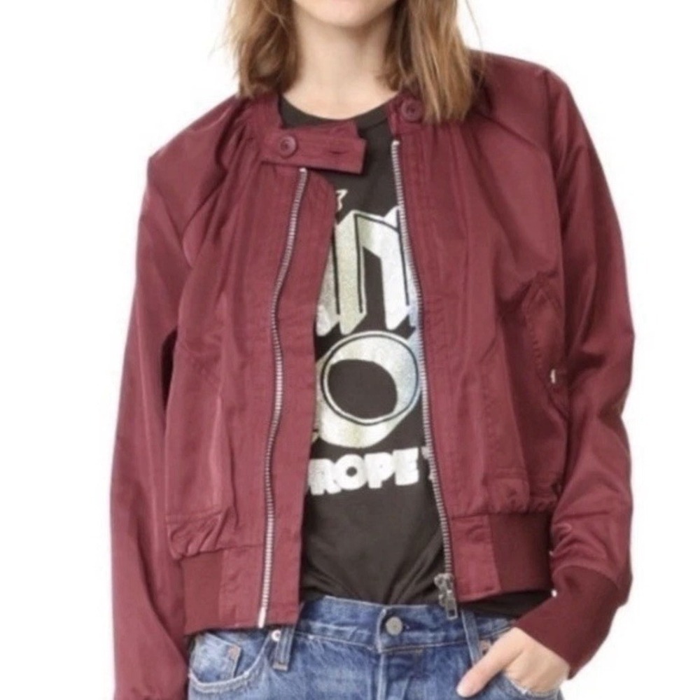Free People Size Medium Midnight Bomber jacket Wine Red Satin Members Only Style - Picture 2 of 10